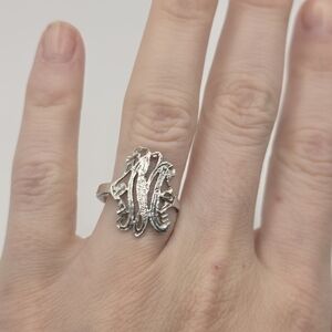 14K White Gold & 925 Sparkle-Cut Cursive Letter Initial Script Ring M Or W